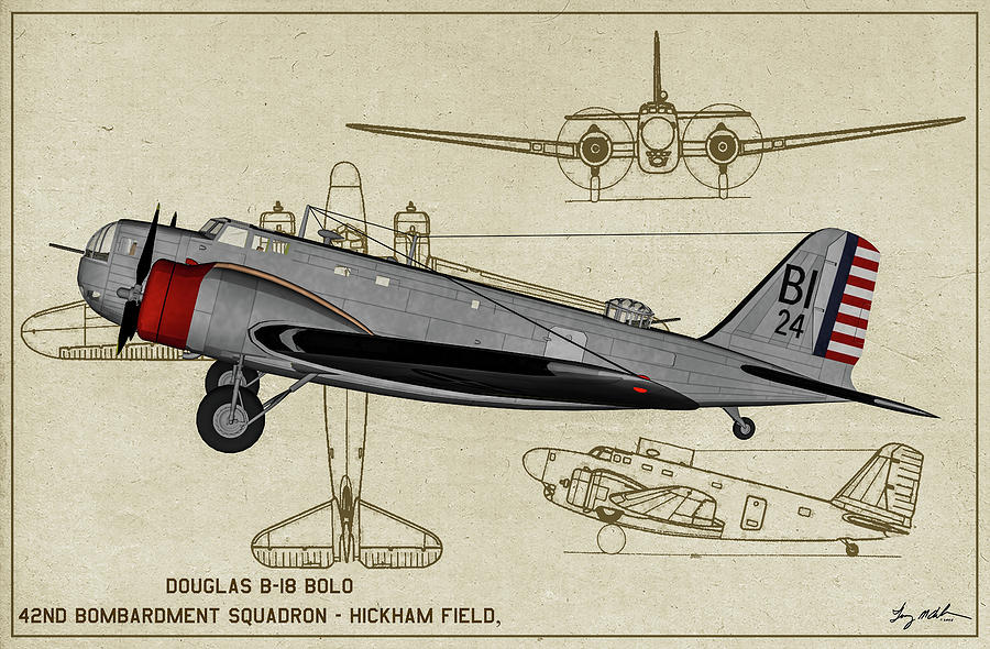 Bomber Digital Art - PreWar Douglas B-18 Bolo - Profile by Tommy Anderson