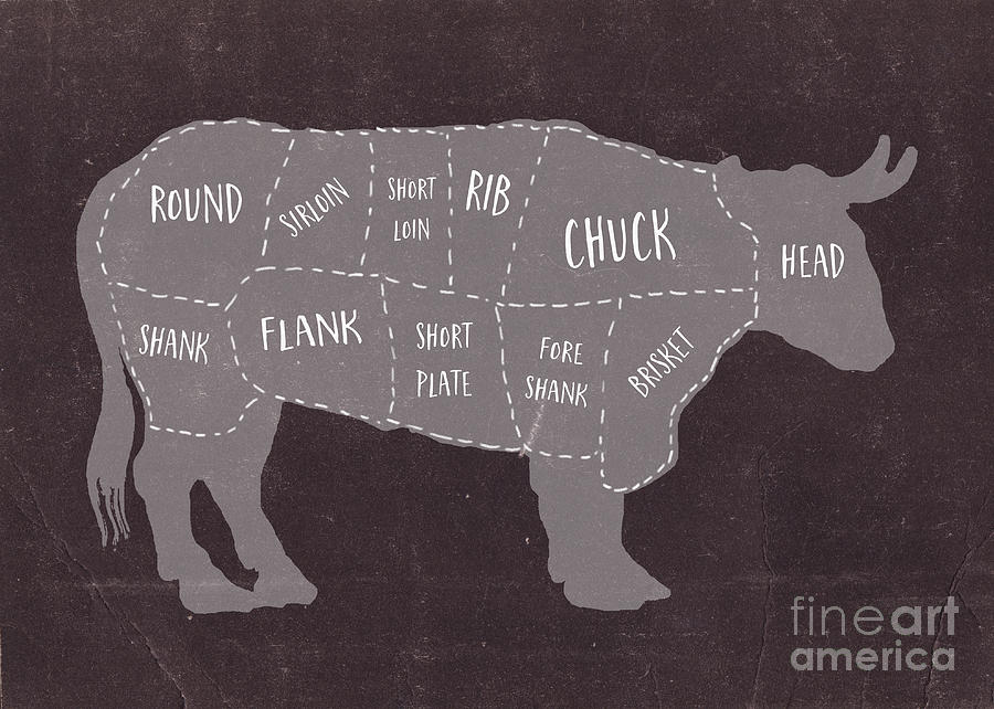 Vintage Painting - Primitive Butcher Shop Beef Cuts Chart by Edward Fielding