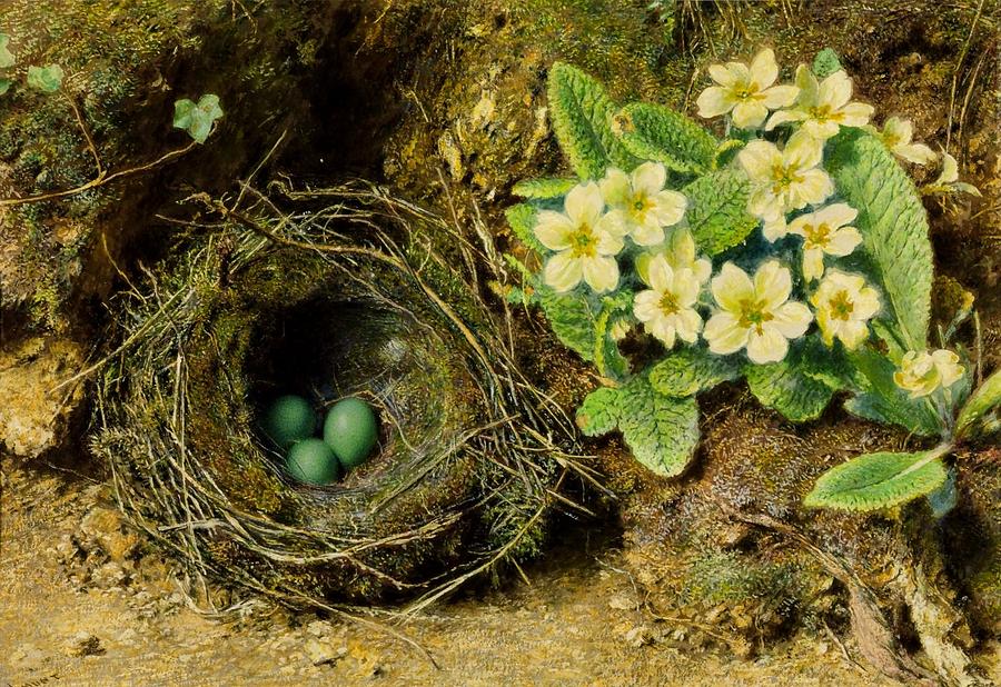 Primroses and Birds Nest Painting by William Henry