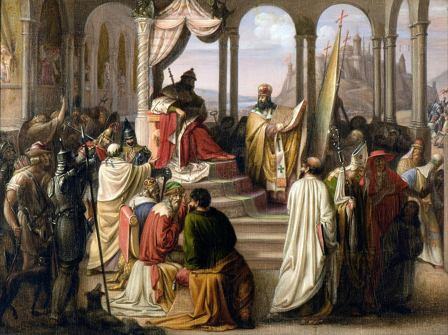 Prince Vladimir chooses a religion in 988 Painting by Johann Leberecht Eggink