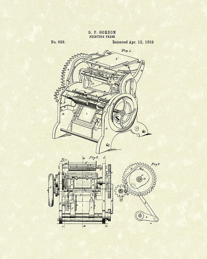 Press Drawing - Printing Press Gordon 1859 Patent Art by Prior Art Design
