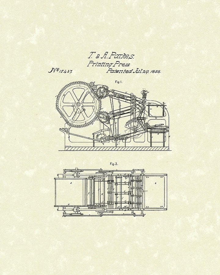 Printing Press Parkes 1856 Patent Art Drawing by Prior Art Design