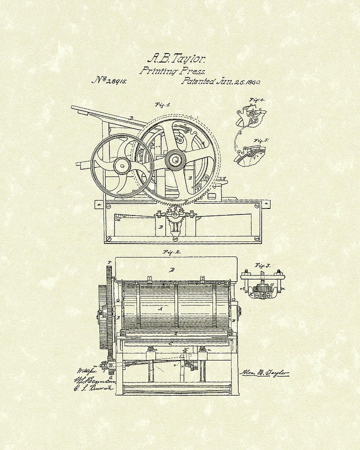 Printing Press Taylor 1860 Patent Art Drawing by Prior Art Design