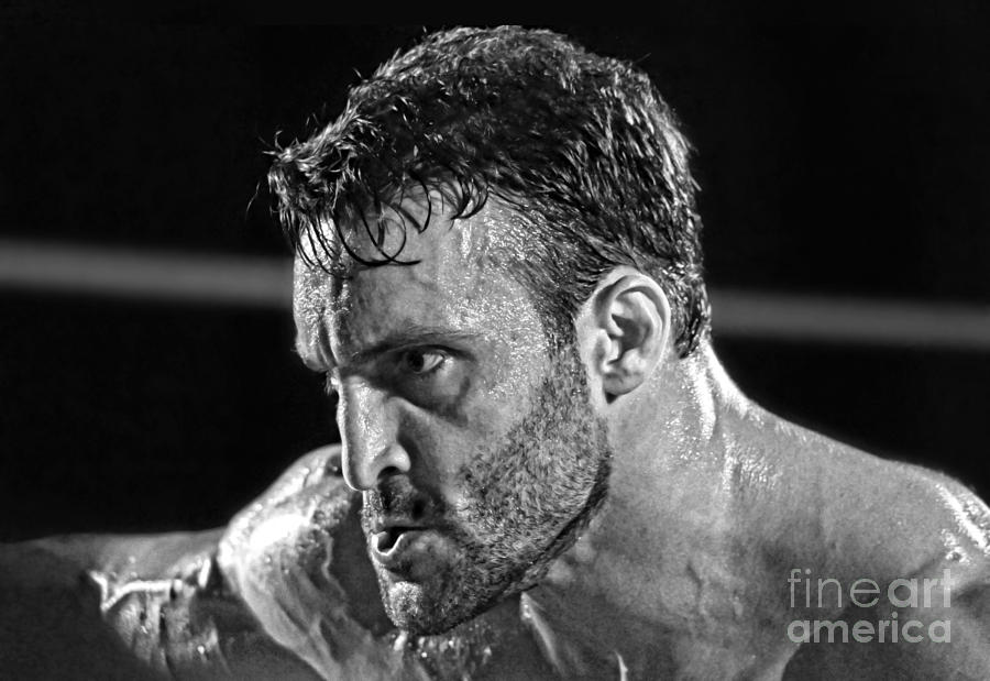 Pro Wrestler Chris Masters Planning His Move black and white version II Photograph by Jim Fitzpatrick