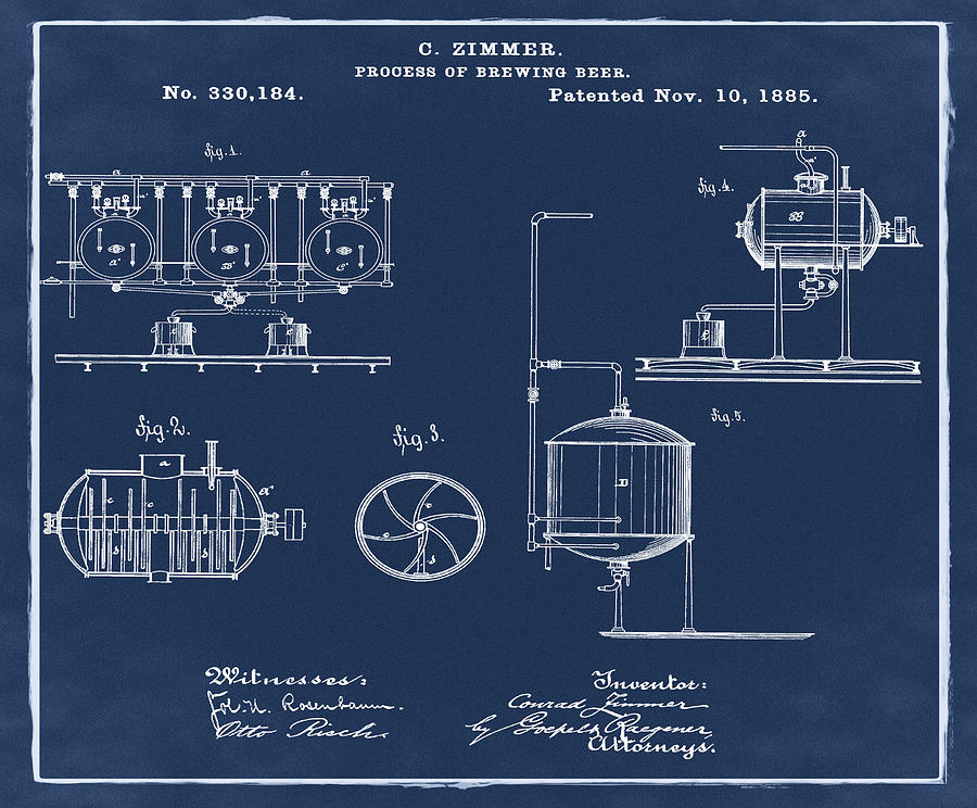 Process of Brewing Patent 1885 in Blue Digital Art by Bill Cannon