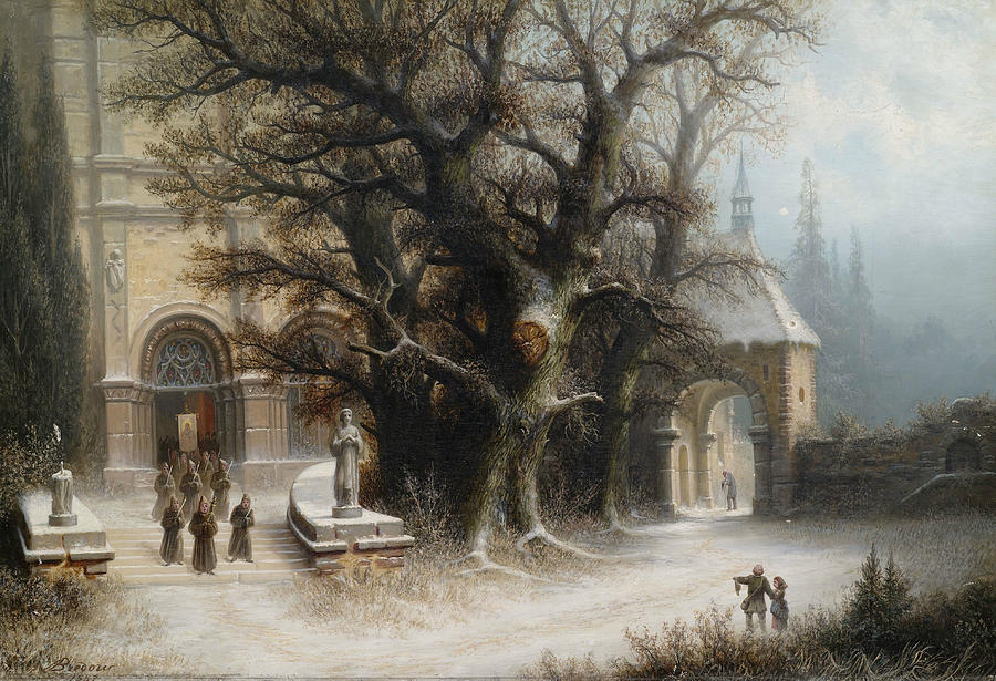 Procession on a snowy monastery complex Painting by Albert Bredow
