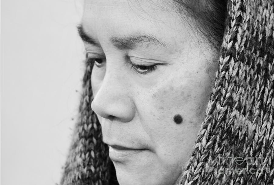 Black And White Photograph - Profile Portrait of a Filipina with a Mole on Her Cheek and Wearing a Scarf  by Jim Fitzpatrick