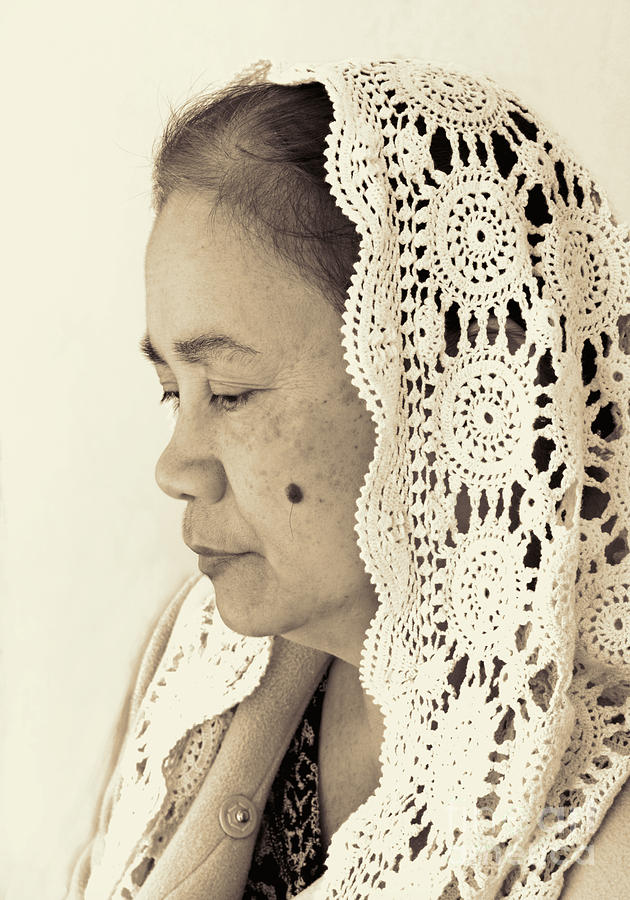 Portrait Photograph - Profile Portrait of a Filipina Woman Wearing a Vale and Deep in Thought by Jim Fitzpatrick