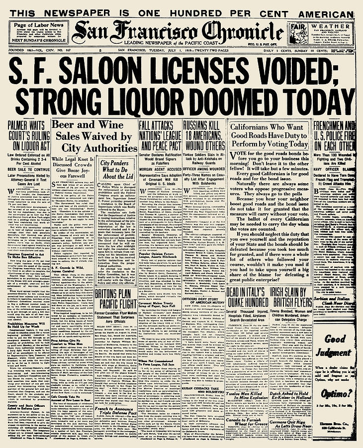 Prohibition Headline, 1919 Photograph by Granger
