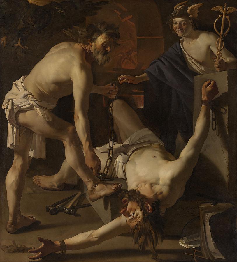 Prometheus Being Chained by Vulcan, 1623 Painting by Vincent Monozlay
