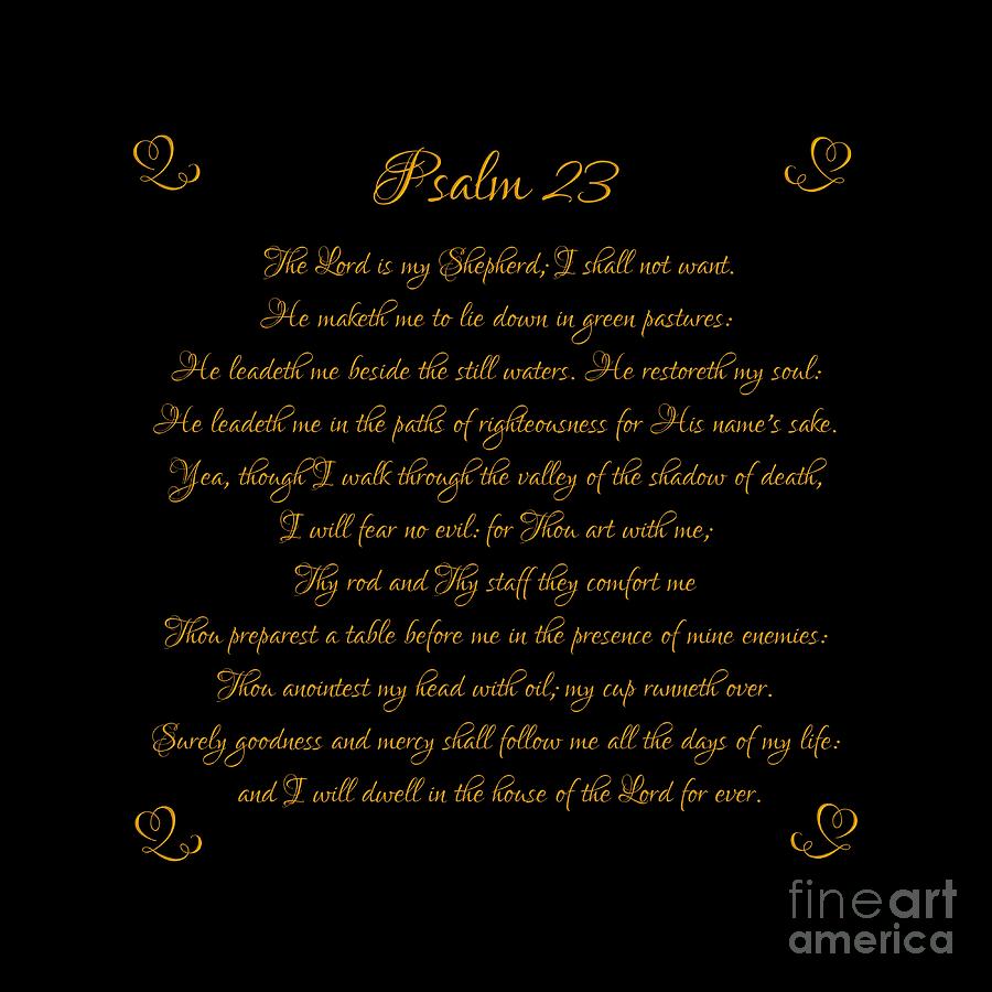 Psalm 23 Digital Art - Psalm 23 The Lord is my Shepherd Gold Script on Black by Rose Santuci-Sofranko