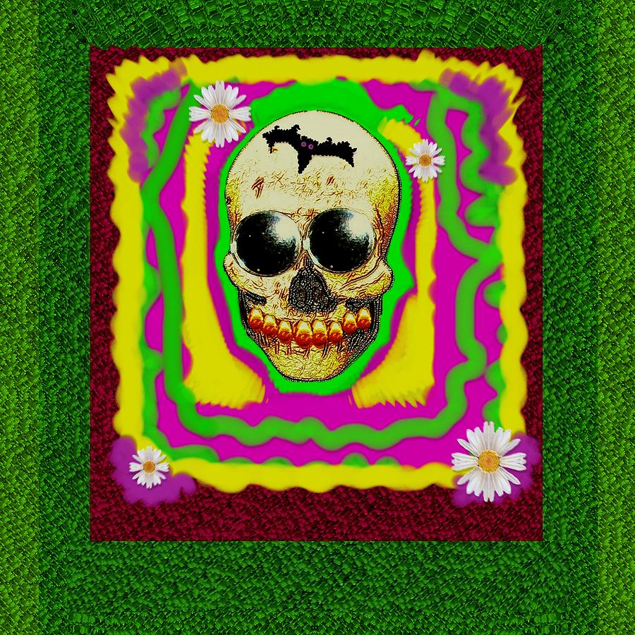 Nature Mixed Media - Psycadelic Groovy Sugar Skull Smiling With Gold Teeth With Flowers And A Bat by Pepita Selles