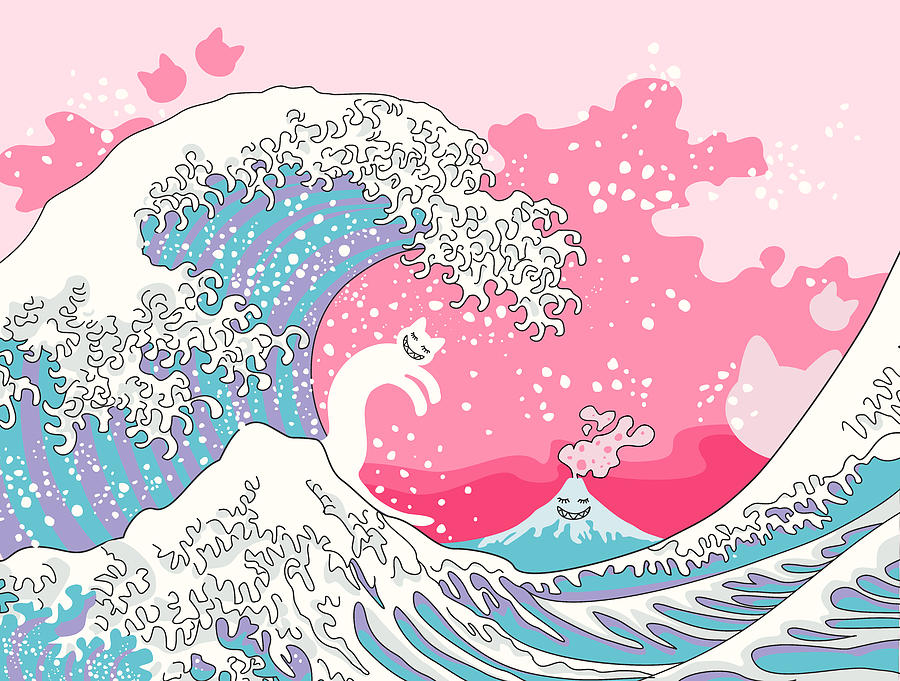 Fantasy Digital Art - Psychodelic Bubblegum Kunagawa Surfer Cat by Julia Jasiczak