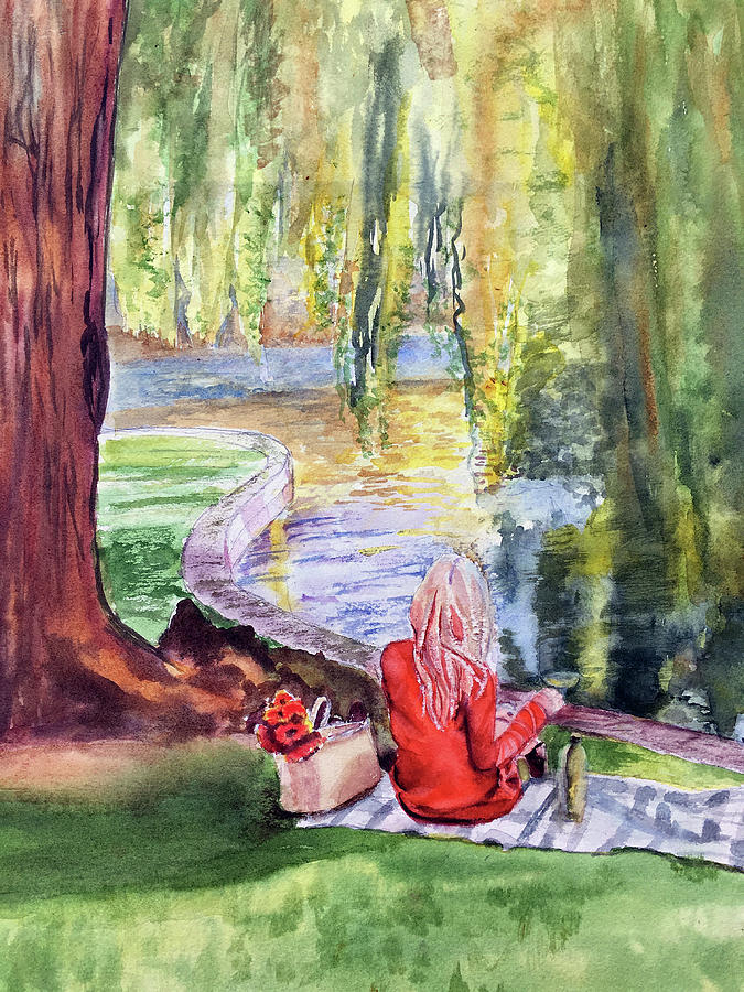 Girl Painting - Public Garden Picnic by Lynne Atwood Girl Painting - Public Garden Picnic by Lynne Atwood