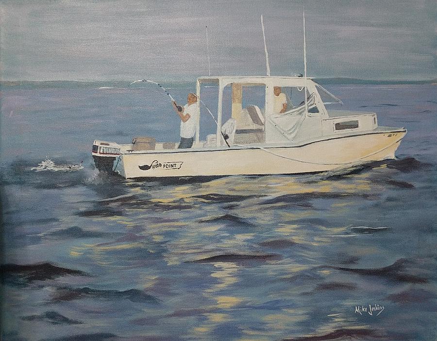 Pudgie and Gary Wayne Landing a Rockfish Painting by Mike Jenkins