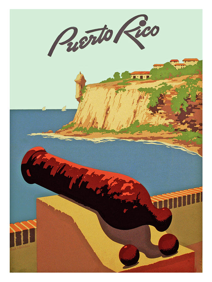 Vintage Painting - Puerto Rico coast, fortress, cannon by Long Shot