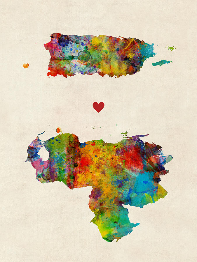 Map Digital Art - Puerto Rico Venezuela Love by Michael Tompsett