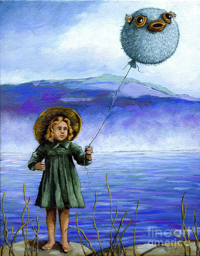Puffaloon Lake - fantasy landscape portrait Painting by Linda Apple