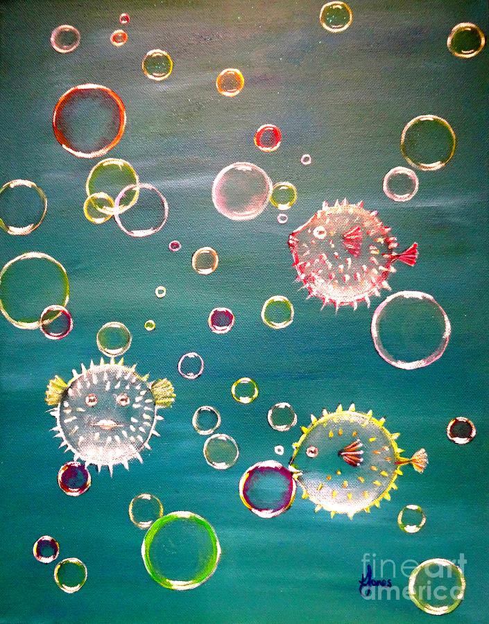 Puffer Fish Bubbles Painting by Karen Jane Jones