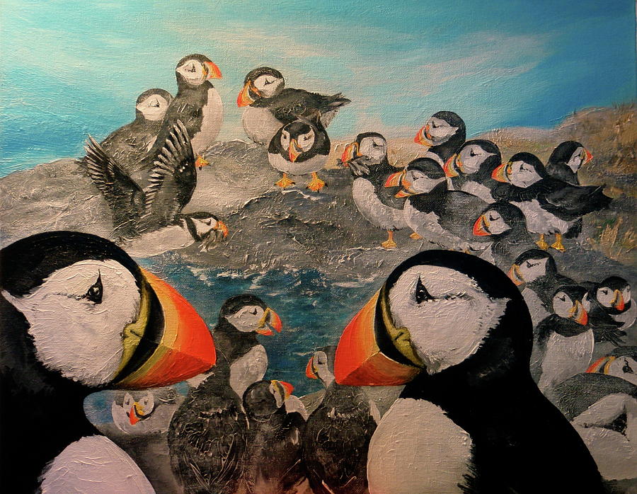 Puffin Party Painting by Leizel Grant