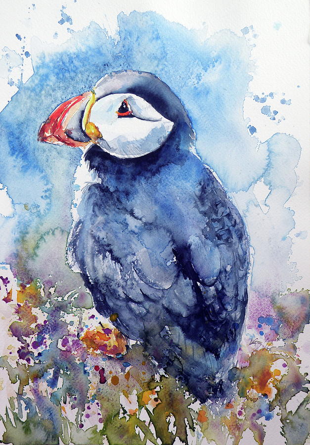Puffin with flowers Painting by Kovacs Anna Brigitta