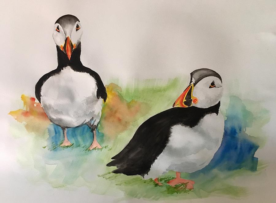 Puffins on Staffa Painting by Christine Marie Rose