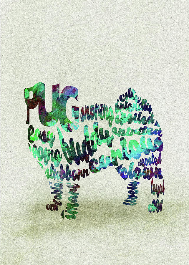 Pug Dog Watercolor Painting / Typographic Art Painting by Inspirowl Design