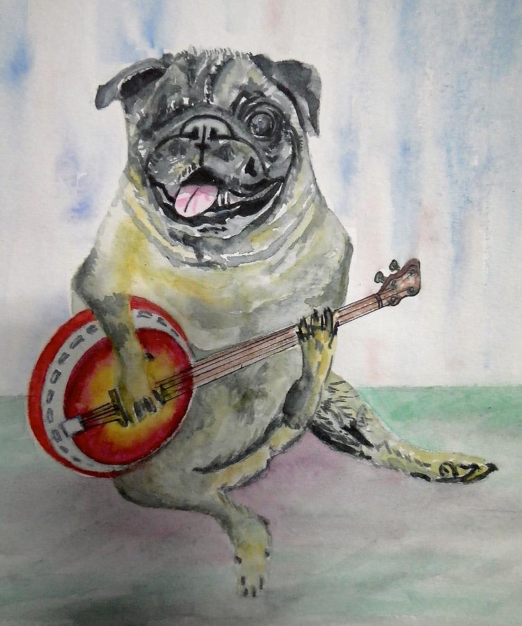 Pug with Banjo Painting by Anna Ruzsan