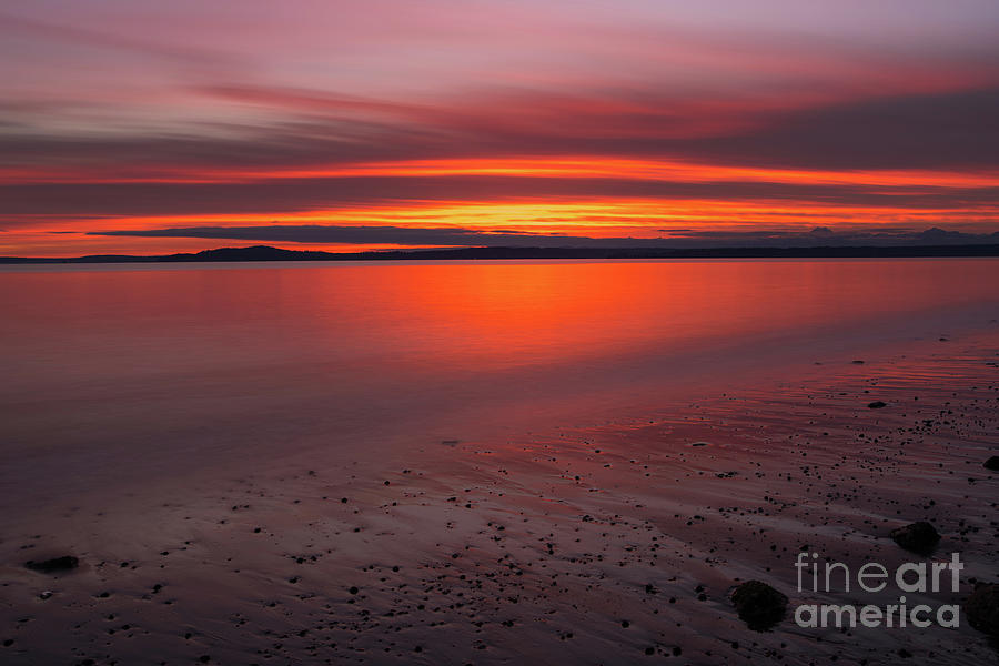 Beach Sunset Photograph - Puget Sound Burning Skies Sunset Reflection Serenity by Mike Reid