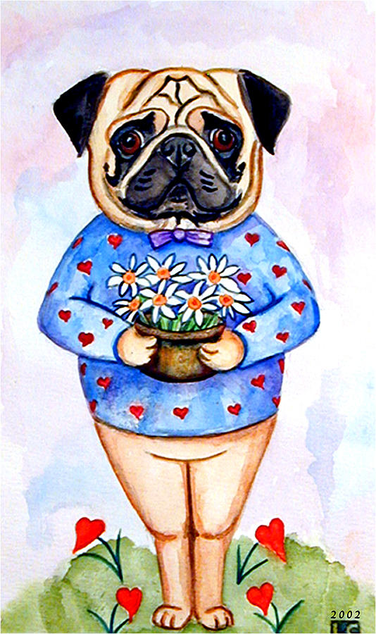 Flower Painting - Pugfully Yours - Pug by Lyn Cook