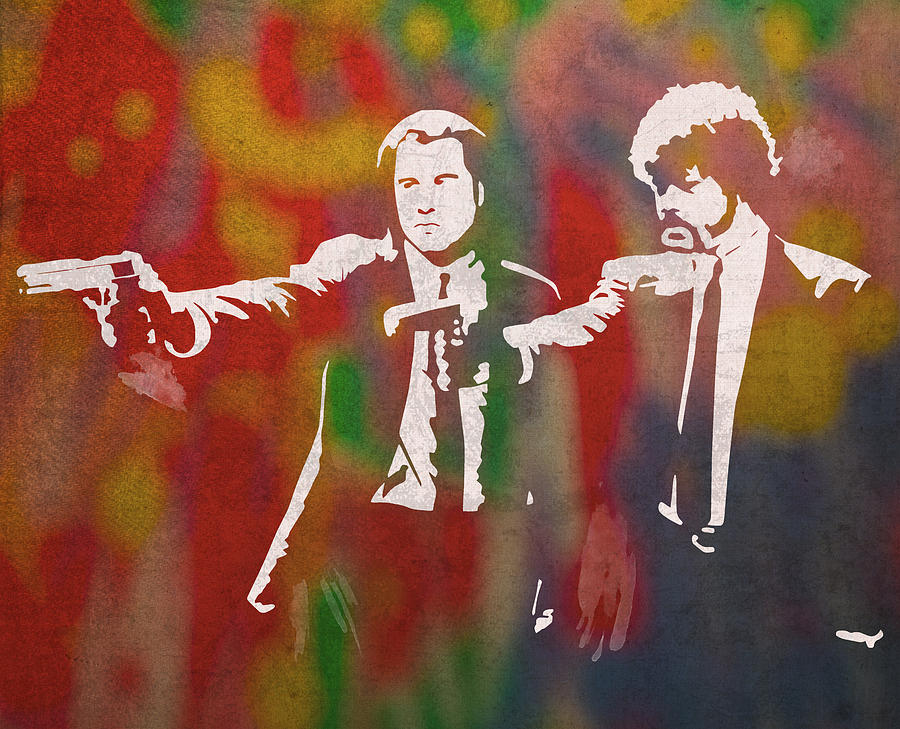 Pulp Fiction Mixed Media - Pulp Fiction Movie Minimal Silhouette Watercolor Painting by Design Turnpike
