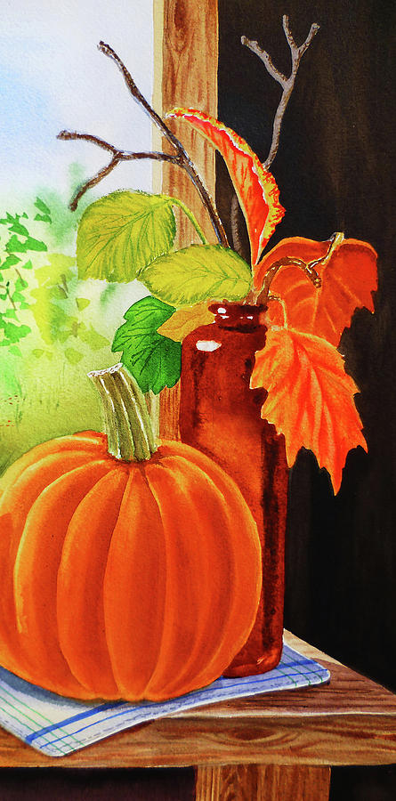 Pumpkin And Fall Leaves Painting by Irina Sztukowski