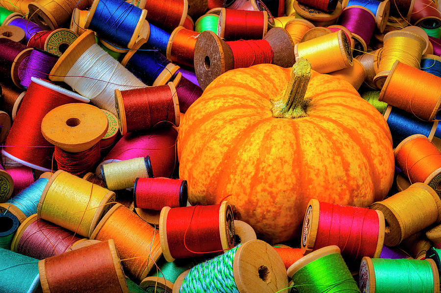 Pumpkin And Spools Of Thread Photograph by Garry Gay