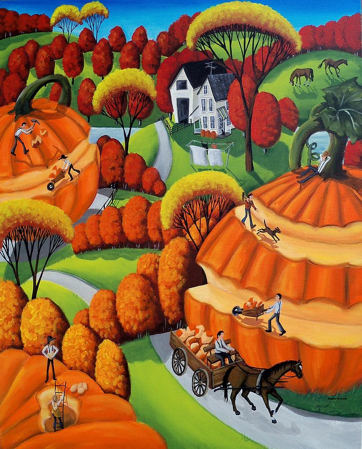 Pumpkin Harvest - surreal folk art landscape Painting by Debbie Criswell