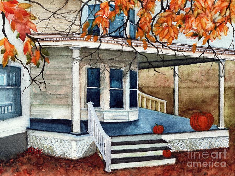 Pumpkin Porch - Halloween House Painting by Janine Riley