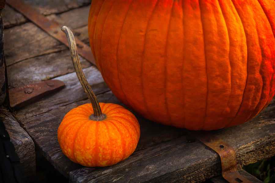 Pumpkins Sitting On Wooden Wagon Photograph by Garry Gay