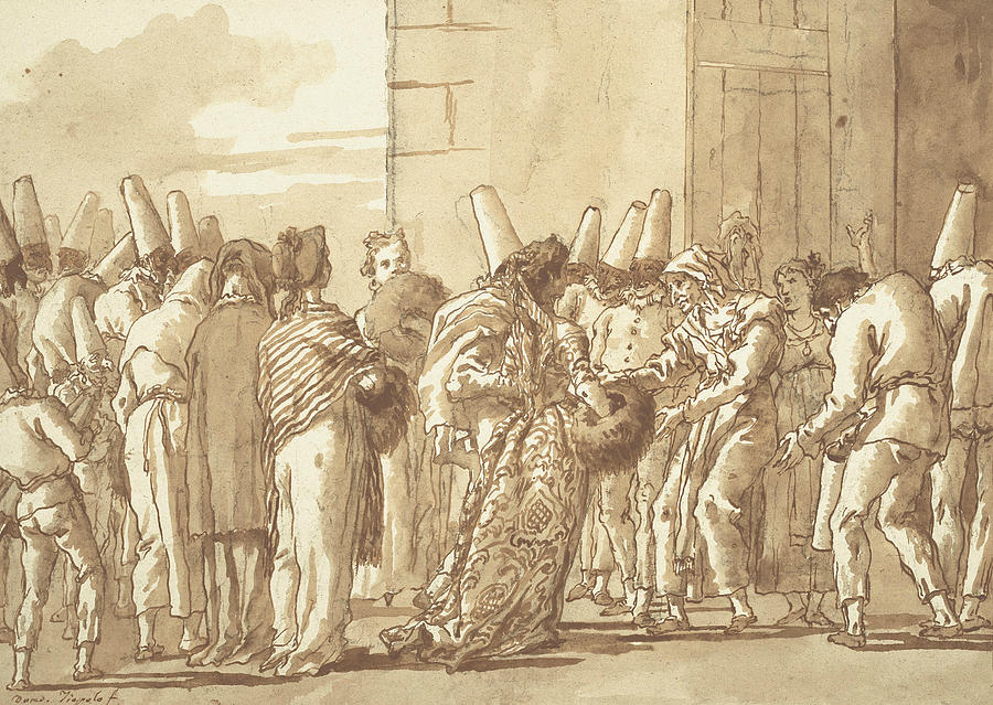 Punchinellos Father Brings Home His Bride Drawing by Giambattista Tiepolo