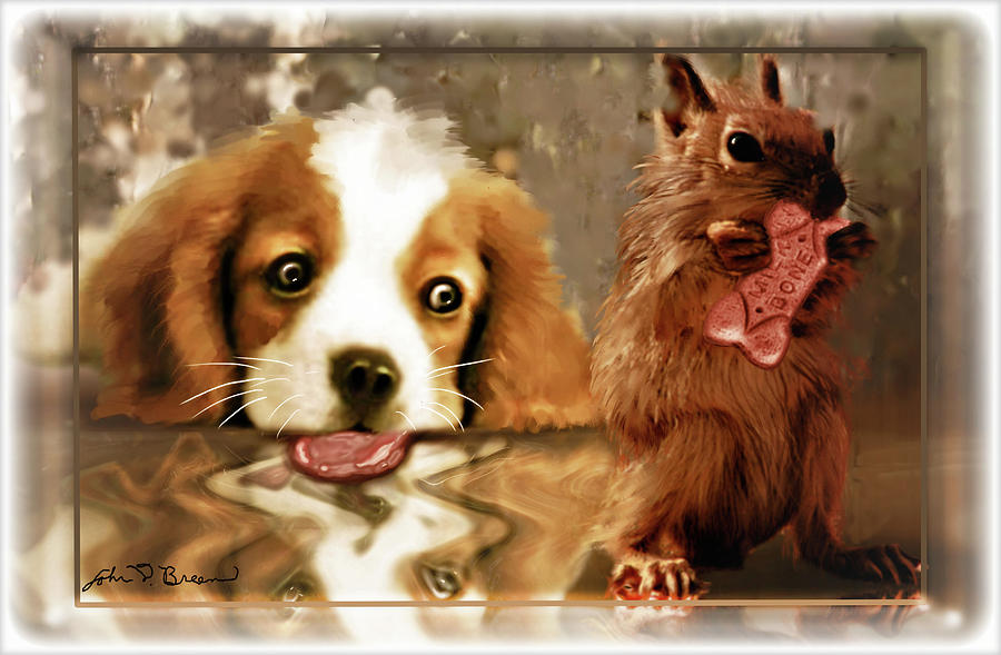 Puppy's Digital Art - Pup and Squirrel by John Breen