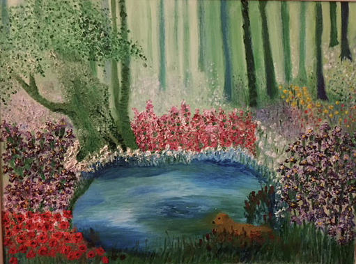 Puppy and Flowers in a Pond Painting by Susan Grunin