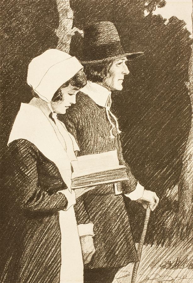 Puritan Couple On Way To Church In 16th Drawing by Vintage Design Pics