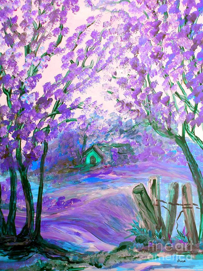 Purple Abstract Landscape with Trees and Cottage Painting by Eloise Schneider Mote