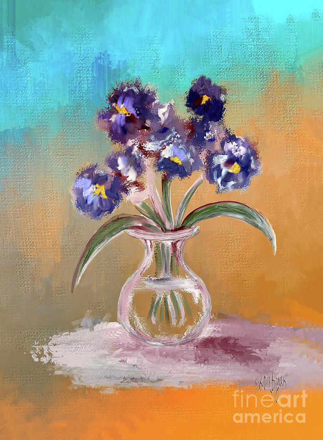 Purple and Blue Pansies In Glass Vase Digital Art by Lois Bryan