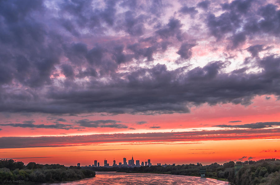Purple And Red Sky Over Warsaw And Vistula River Photograph