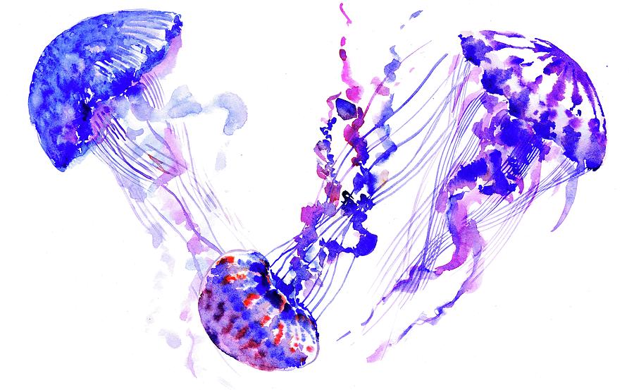 Purple BLue Jellyfish Painting by Suren Nersisyan