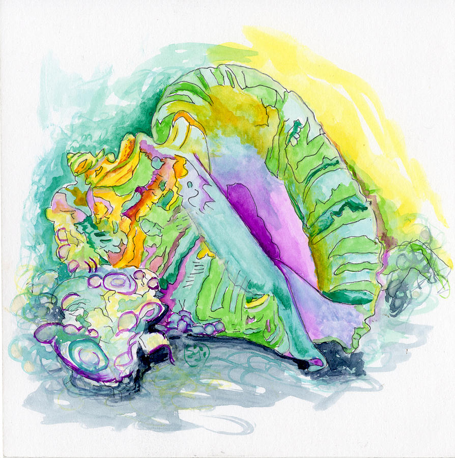 Purple Blue Yellow Sea Watercolor Series 2 Conch Shell Painting by Shelly Tschupp