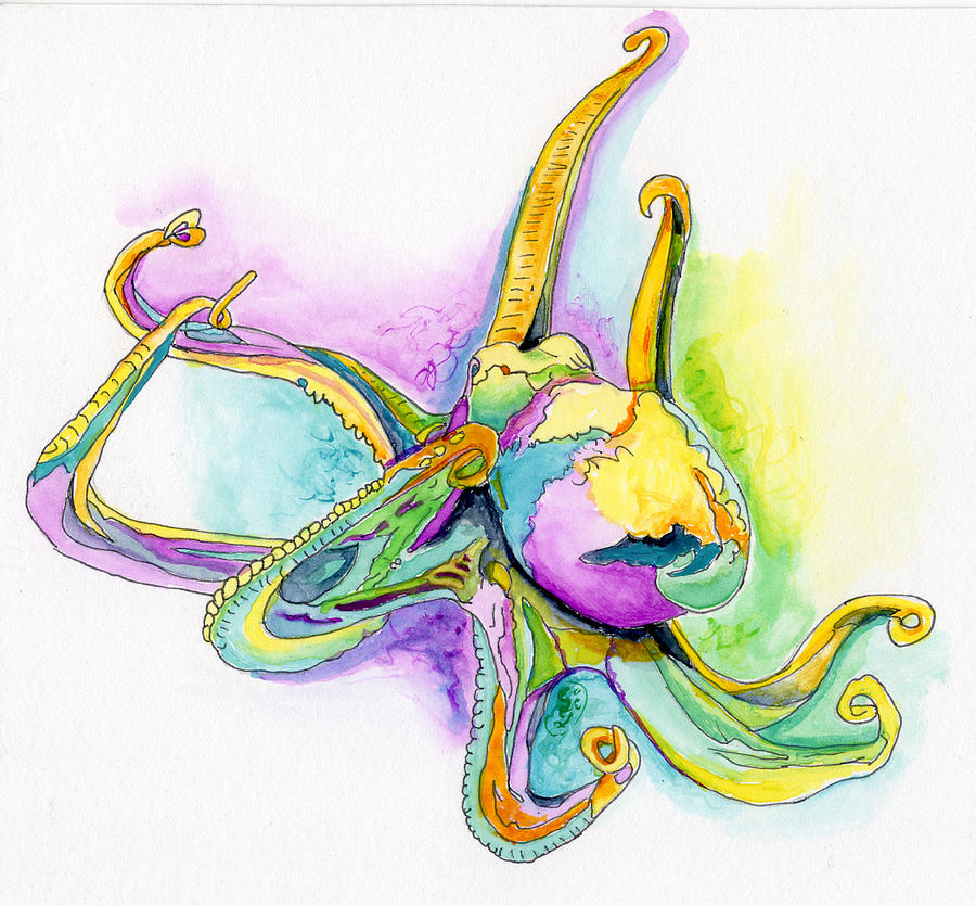 Purple Blue Yellow Sea Watercolor Series 2 Octopus Painting by Shelly Tschupp