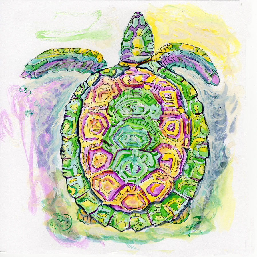 Purple Blue Yellow Sea Watercolor Series 2 Turtle Painting by Shelly Tschupp