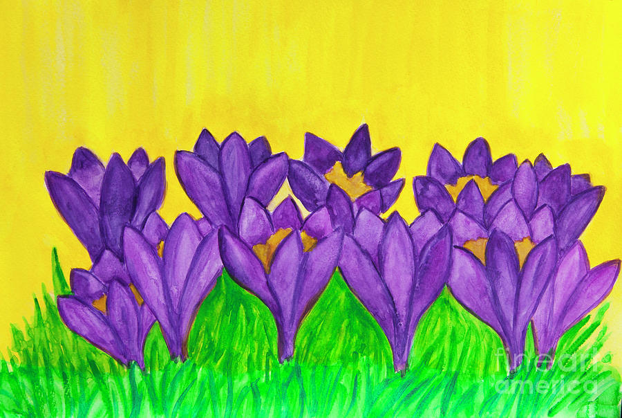 Purple crocuses on yellow background, watercolor Painting by Irina Afonskaya