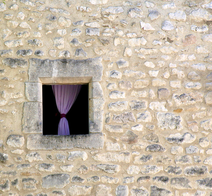 Brick Photograph - Purple curtain in a black window by Ivan SABO
