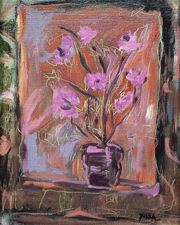 Purple Flowers in Vase Pastel by Katt Yanda
